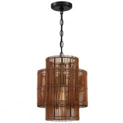 Rhett 11 in. 1-Light Tiered Rattan Drum Pendant Light with Black Canopy by TRUE FINE -Dale Tiffany Store black tan true fine chandeliers td60009p 1f 1000