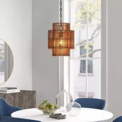 Rhett 11 in. 1-Light Tiered Rattan Drum Pendant Light with Black Canopy by TRUE FINE -Dale Tiffany Store black tan true fine chandeliers td60009p 40 1000