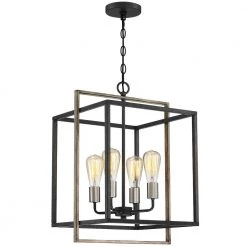 Sullivan 4-Light Black Square Farmhouse Chandelier with Wood Accents by TRUE FINE