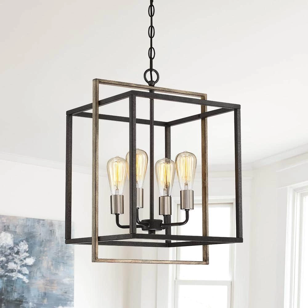 Sullivan 4-Light Black Square Farmhouse Chandelier with Wood Accents by TRUE FINE 4 Sullivan 4-Light Black Square Farmhouse Chandelier with Wood Accents by TRUE FINE - Image 2