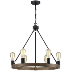 Hector 6-Light Black Wagon Wheel Farmhouse Chandelier with Wood Accents by TRUE FINE
