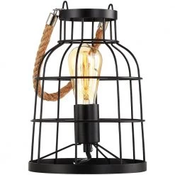 10.6 in. Rustic Black Small Accent Table Lamp with Jute Rope Handle by TRUE FINE