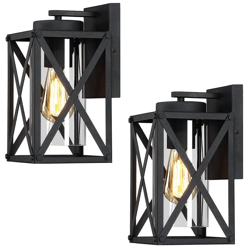 11 in. 1-Light Black Non Solar Outdoor Wall Lantern Sconces with Clear Glass Shade (2-Pack) by TRUE FINE 3 11 in. 1-Light Black Non Solar Outdoor Wall Lantern Sconces with Clear Glass Shade (2-Pack) by TRUE FINE