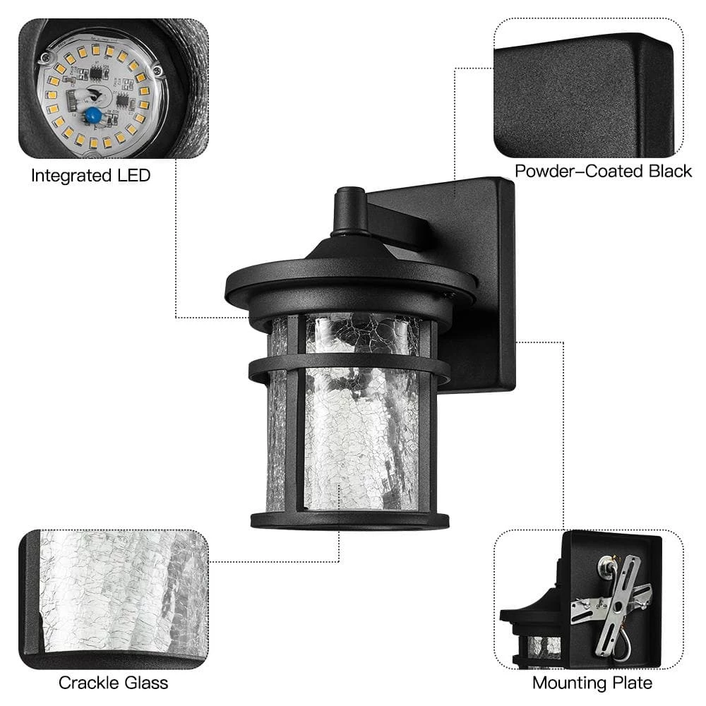 1-Light Black Non Solar Integrated LED Outdoor Wall Lantern Sconces with Crackle Glass Shade (2-Pack) by TRUE FINE 12 1-Light Black Non Solar Integrated LED Outdoor Wall Lantern Sconces with Crackle Glass Shade (2-Pack) by TRUE FINE - Image 10