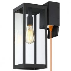 Trevot 1-Light 16 in. Black Outdoor Wall Lantern Sconce with Built-In GFCI Outlets by TRUE FINE