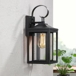 Citadel 1-Light 15.5 in. Black Outdoor Wall Lantern Sconce Light by TRUE FINE