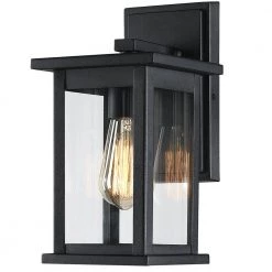 1-Light Modern Black Hardwired Outdoor Wall Lantern Sconce with Clear Glass Panels by TRUE FINE