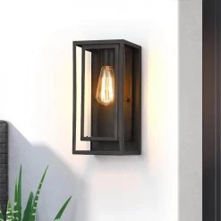 Exton 1-Light Black Modern Hardwired Outdoor Wall Lantern Sconce with Clear Glass Panels by TRUE FINE