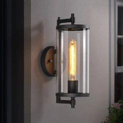 Freeport 14 in. 1-Light Black Hardwired Outdoor Wall Lantern Sconce with Glass Cylinder Shade by TRUE FINE
