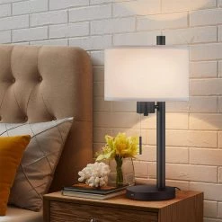 23 in. Black Modern Table Lamp with USB Port and White Linen Shade by TRUE FINE -Dale Tiffany Store black true fine table lamps ad4073t fa 1000