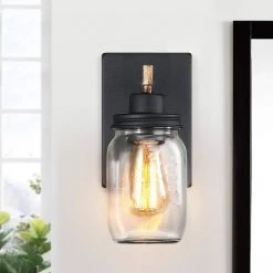 Eliton 1-Light Black/Wood Tone Rustic Farmhouse Wall Sconce with Clear Mason Jar Glass Shades by TRUE FINE -Dale Tiffany Store black true fine vanity lighting td10005w c3 1000