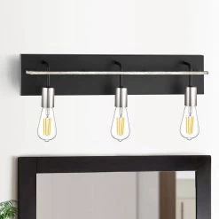 24 in. 3-Light Black Industrial Bathroom Vanity Light with Brushed Nickel Cups and Wood-Finished Bar by TRUE FINE