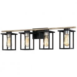 33 in. 4-Light Matt Black/Wood Tone Rustic Farmhouse Bathroom Vanity Light with Open Cage Shades by TRUE FINE