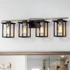 33 in. 4-Light Matt Black/Wood Tone Rustic Farmhouse Bathroom Vanity Light with Open Cage Shades by TRUE FINE -Dale Tiffany Store black true fine vanity lighting td20027w c3 1000