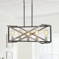 Grange 5-Light 32.3 in. Black and Weathered Faux Wood Modern Farmhouse Linear Chandelier Kitchen Island Light by TRUE FINE