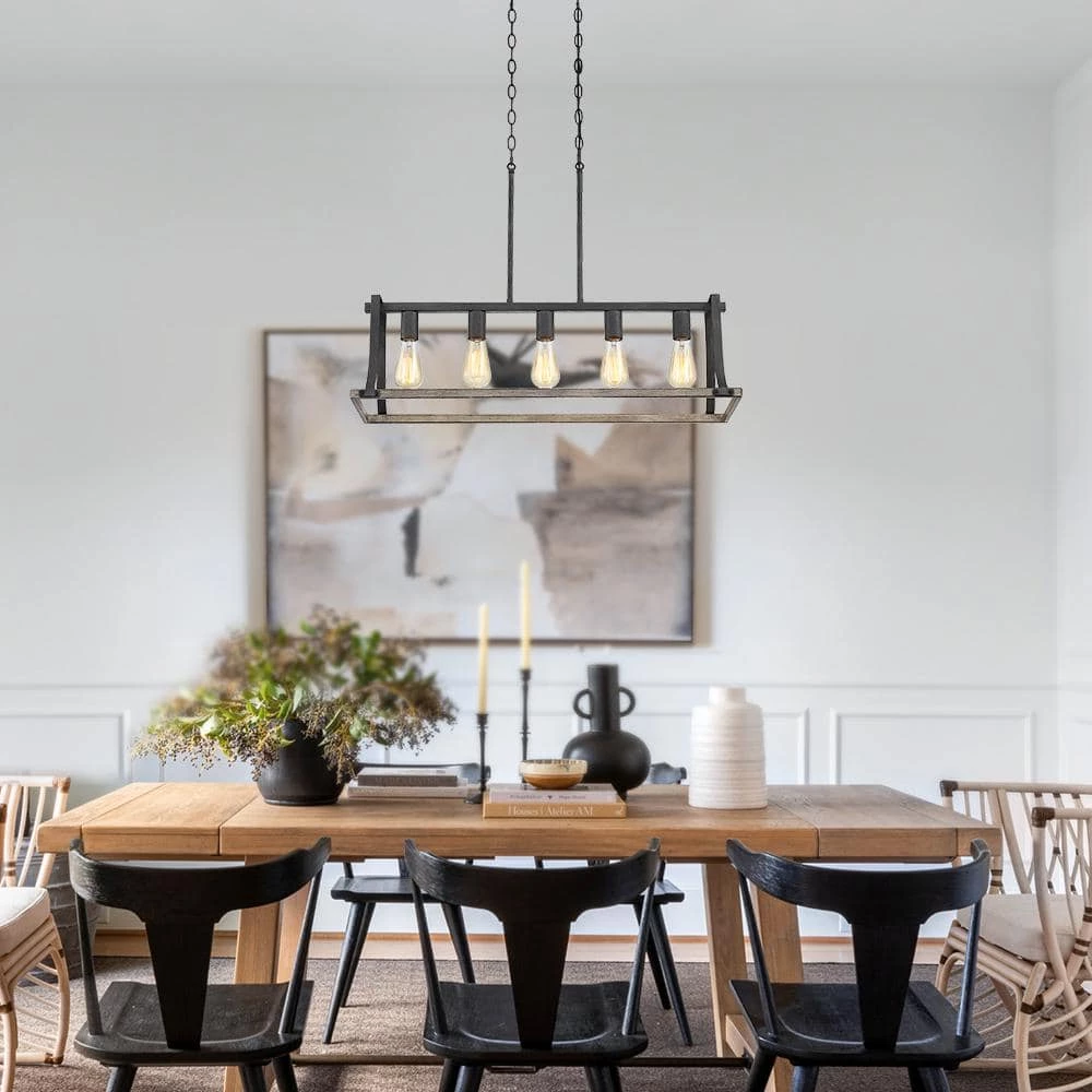 Rustica 5-Light 32.3 in. Black and Weathered Faux Wood Farmhouse Linear Chandelier Kitchen Island Light by TRUE FINE 5 Rustica 5-Light 32.3 in. Black and Weathered Faux Wood Farmhouse Linear Chandelier Kitchen Island Light by TRUE FINE - Image 3
