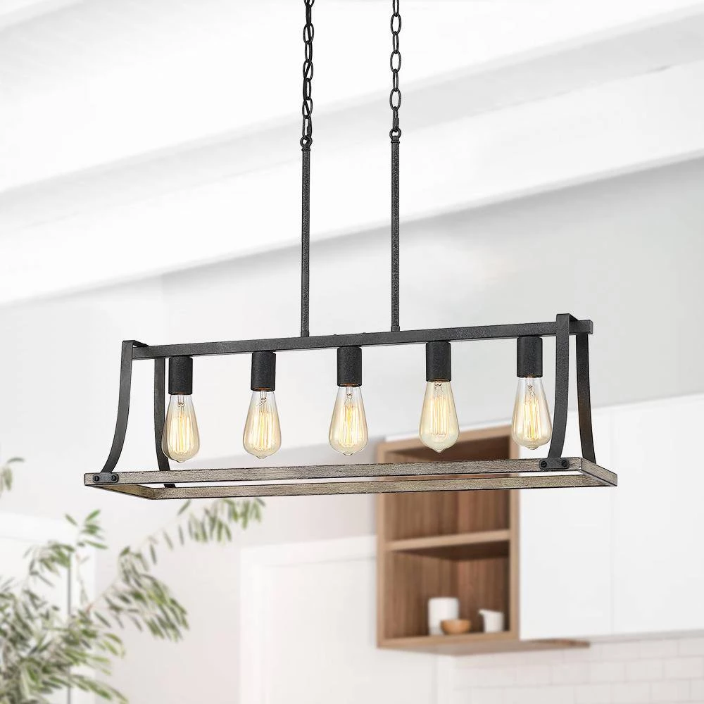Rustica 5-Light 32.3 in. Black and Weathered Faux Wood Farmhouse Linear Chandelier Kitchen Island Light by TRUE FINE 7 Rustica 5-Light 32.3 in. Black and Weathered Faux Wood Farmhouse Linear Chandelier Kitchen Island Light by TRUE FINE - Image 5