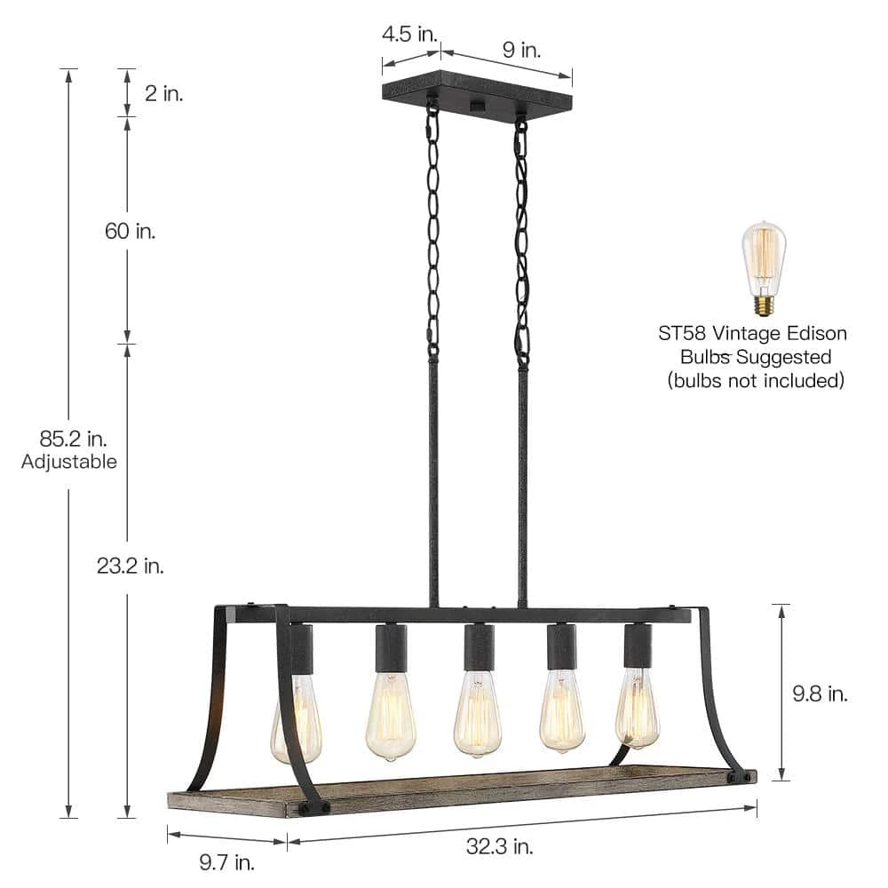 Rustica 5-Light 32.3 in. Black and Weathered Faux Wood Farmhouse Linear Chandelier Kitchen Island Light by TRUE FINE 8 Rustica 5-Light 32.3 in. Black and Weathered Faux Wood Farmhouse Linear Chandelier Kitchen Island Light by TRUE FINE - Image 6