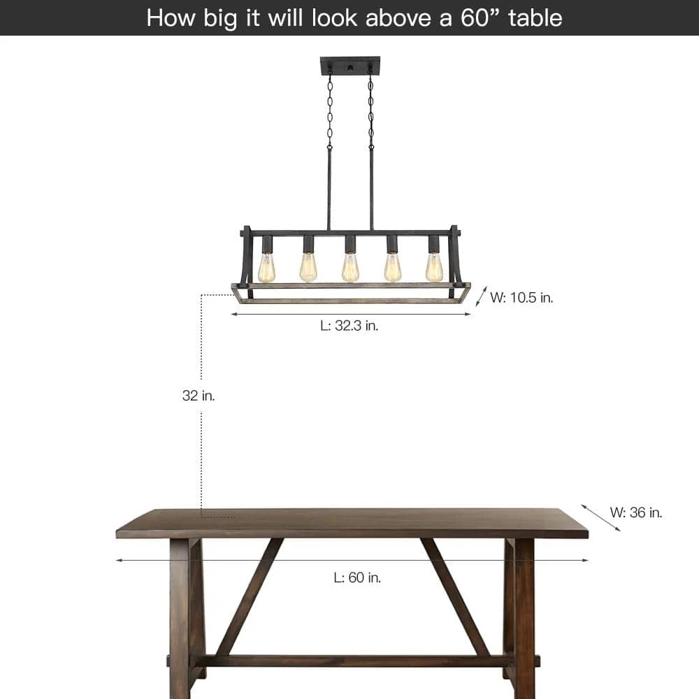 Rustica 5-Light 32.3 in. Black and Weathered Faux Wood Farmhouse Linear Chandelier Kitchen Island Light by TRUE FINE 9 Rustica 5-Light 32.3 in. Black and Weathered Faux Wood Farmhouse Linear Chandelier Kitchen Island Light by TRUE FINE - Image 7