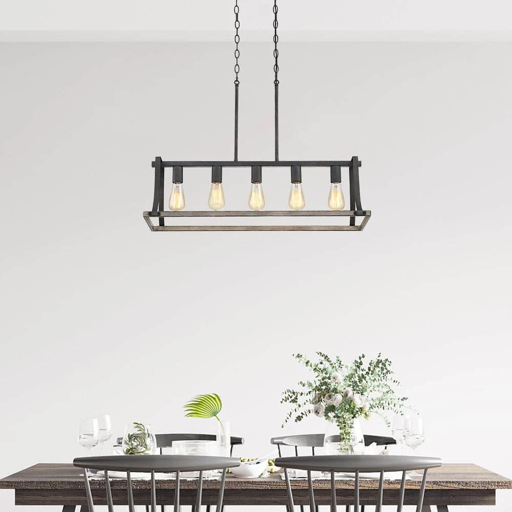 Rustica 5-Light 32.3 in. Black and Weathered Faux Wood Farmhouse Linear Chandelier Kitchen Island Light by TRUE FINE 4 Rustica 5-Light 32.3 in. Black and Weathered Faux Wood Farmhouse Linear Chandelier Kitchen Island Light by TRUE FINE - Image 2