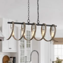 Tunnel 5-Light 32.3 in. Black and Weathered Faux Wood Farmhouse Linear Chandelier Kitchen Island Light by TRUE FINE