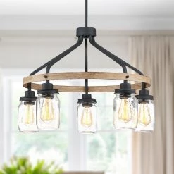 Eliton 26 in. 5-Light Black/Wood Tone Rustic Farmhouse Chandelier with Clear Mason Jar Glass Shades by TRUE FINE