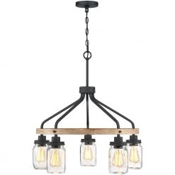 Eliton 26 in. 5-Light Black/Wood Tone Rustic Farmhouse Chandelier with Clear Mason Jar Glass Shades by TRUE FINE -Dale Tiffany Store black wood tone true fine chandeliers td10001c 66 1000