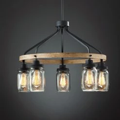 Eliton 26 in. 5-Light Black/Wood Tone Rustic Farmhouse Chandelier with Clear Mason Jar Glass Shades by TRUE FINE -Dale Tiffany Store black wood tone true fine chandeliers td10001c 76 1000