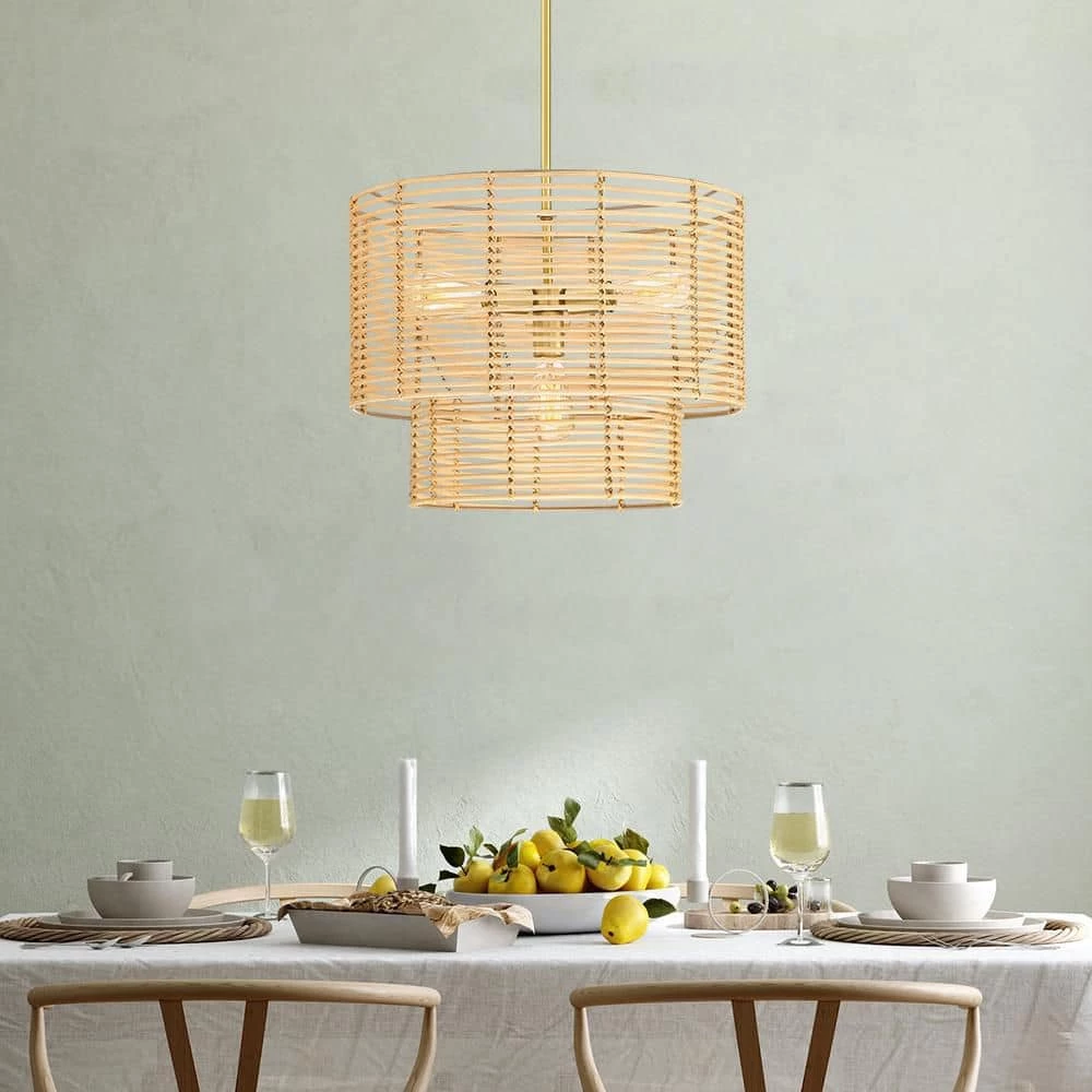 Dayereh 20 in. 4-Light Coastal Tiered Rattan Drum Chandelier Light with Brass Canopy by TRUE FINE 5 Dayereh 20 in. 4-Light Coastal Tiered Rattan Drum Chandelier Light with Brass Canopy by TRUE FINE - Image 3
