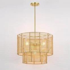 Dayereh 20 in. 4-Light Coastal Tiered Rattan Drum Chandelier Light with Brass Canopy by TRUE FINE 19 Dayereh 20 in. 4-Light Coastal Tiered Rattan Drum Chandelier Light with Brass Canopy by TRUE FINE -Dale Tiffany Store brass beige true fine chandeliers td10031c 4f 1000