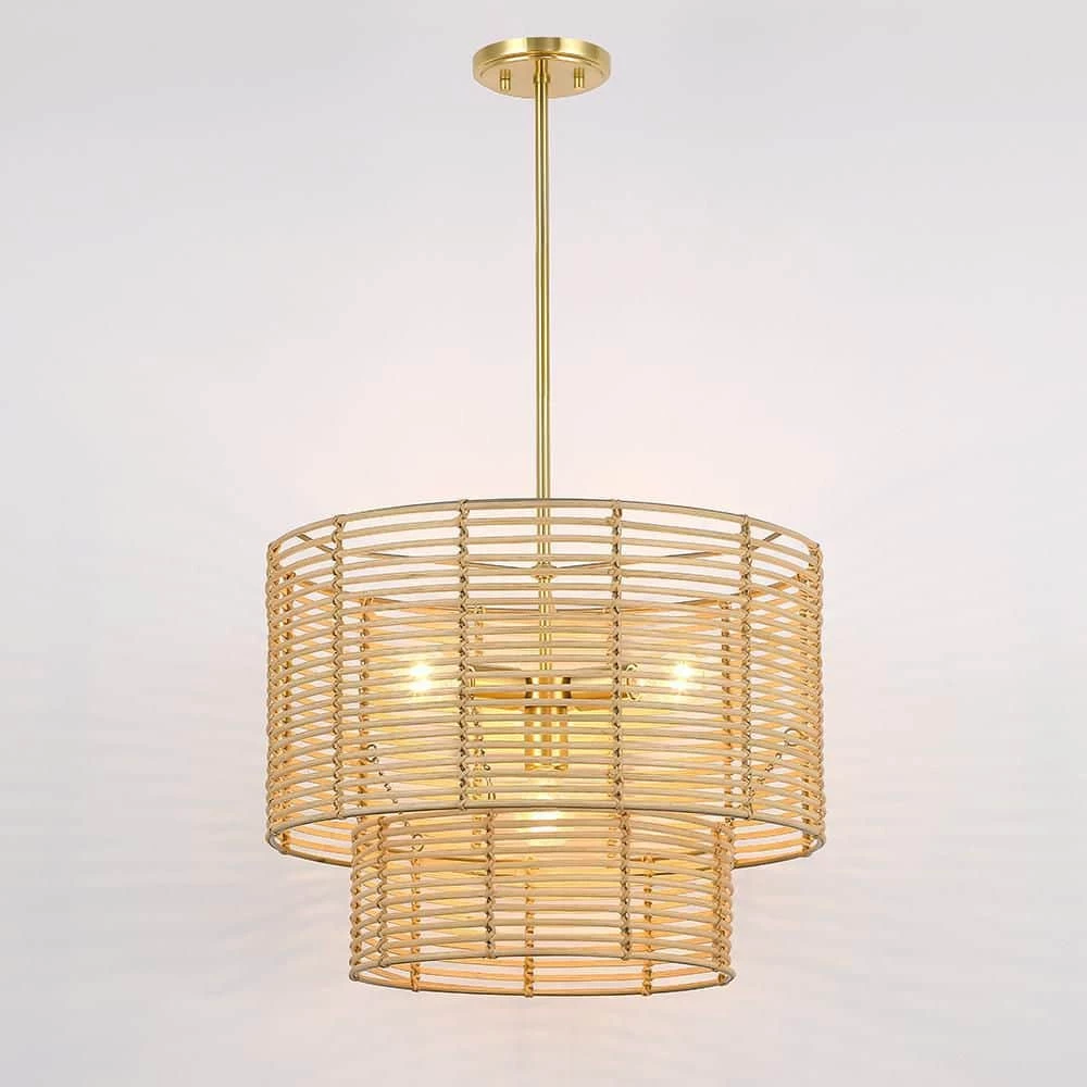 Dayereh 20 in. 4-Light Coastal Tiered Rattan Drum Chandelier Light with Brass Canopy by TRUE FINE 10 Dayereh 20 in. 4-Light Coastal Tiered Rattan Drum Chandelier Light with Brass Canopy by TRUE FINE - Image 8