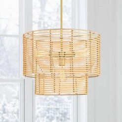 Dayereh 20 in. 4-Light Coastal Tiered Rattan Drum Chandelier Light with Brass Canopy by TRUE FINE