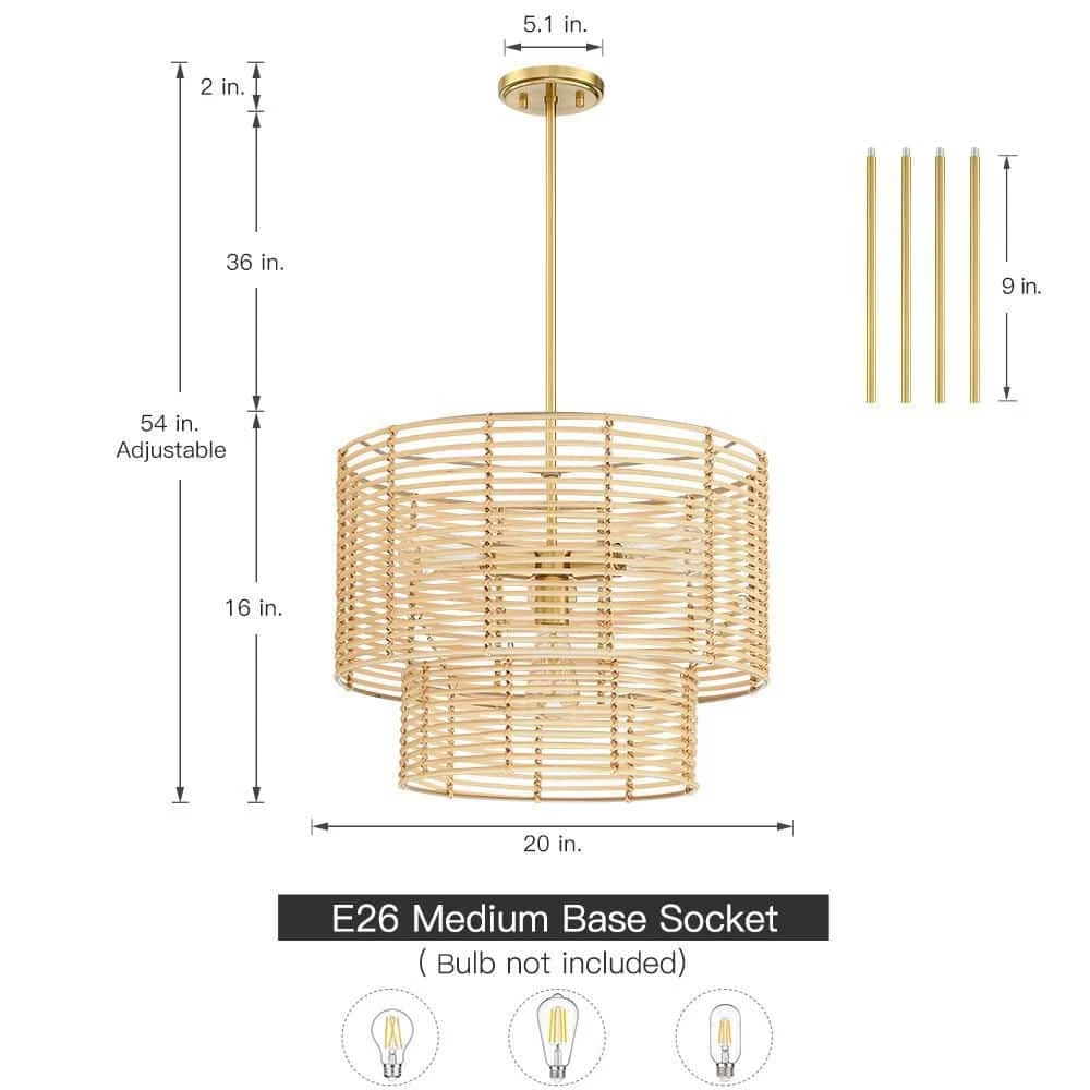 Dayereh 20 in. 4-Light Coastal Tiered Rattan Drum Chandelier Light with Brass Canopy by TRUE FINE 7 Dayereh 20 in. 4-Light Coastal Tiered Rattan Drum Chandelier Light with Brass Canopy by TRUE FINE - Image 5
