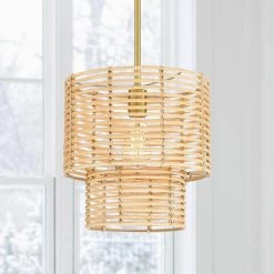 Dayereh 12 in. 1-Light Coastal Tiered Rattan Drum Pendant Light with Brass Canopy by TRUE FINE -Dale Tiffany Store brass beige true fine chandeliers td10033p 1d 1000