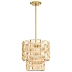 Dayereh 12 in. 1-Light Coastal Tiered Rattan Drum Pendant Light with Brass Canopy by TRUE FINE -Dale Tiffany Store brass beige true fine chandeliers td10033p 1f 1000