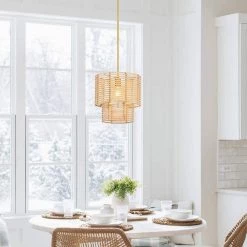 Dayereh 12 in. 1-Light Coastal Tiered Rattan Drum Pendant Light with Brass Canopy by TRUE FINE -Dale Tiffany Store brass beige true fine chandeliers td10033p 40 1000