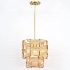 Dayereh 12 in. 1-Light Coastal Tiered Rattan Drum Pendant Light with Brass Canopy by TRUE FINE