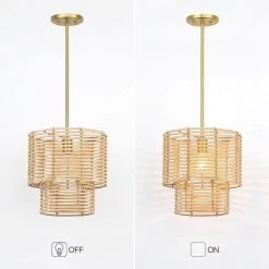 Dayereh 12 in. 1-Light Coastal Tiered Rattan Drum Pendant Light with Brass Canopy by TRUE FINE -Dale Tiffany Store brass beige true fine chandeliers td10033p fa 1000