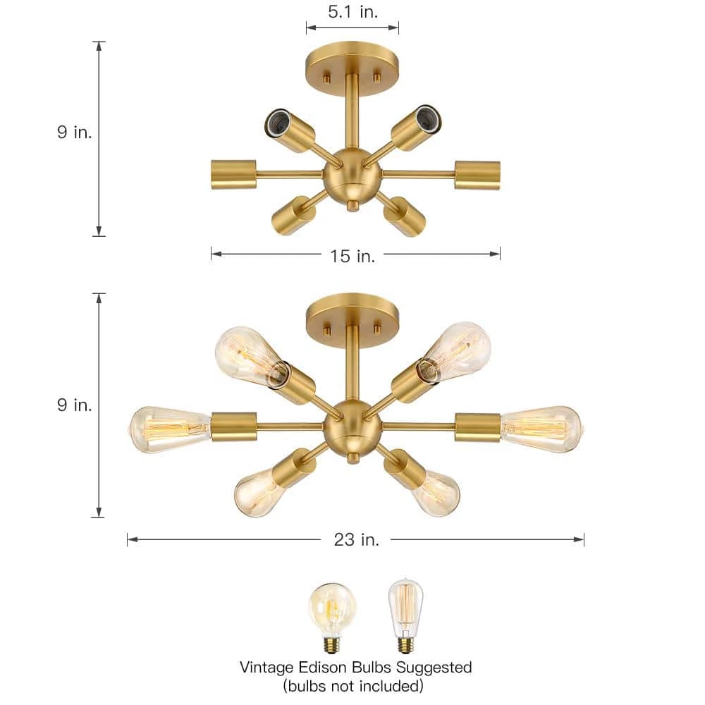Sputnik 23 in. 6-Light Brass Semi Flush Mount Ceiling Light by TRUE FINE 7 Sputnik 23 in. 6-Light Brass Semi Flush Mount Ceiling Light by TRUE FINE - Image 5