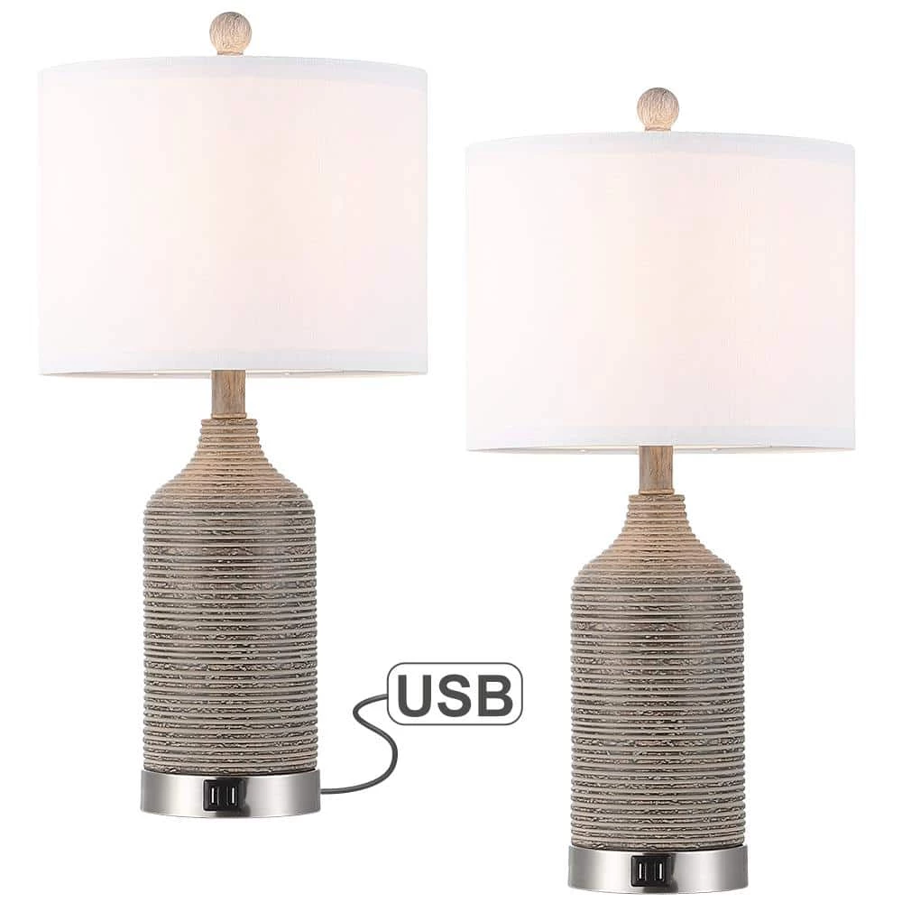22.7 in. Bronze and Brushed Nickel Table Lamp with Double USB Port and White Linen Shade (Set of 2) by TRUE FINE 5 22.7 in. Bronze and Brushed Nickel Table Lamp with Double USB Port and White Linen Shade (Set of 2) by TRUE FINE - Image 3