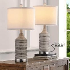 22.7 in. Bronze and Brushed Nickel Table Lamp with Double USB Port and White Linen Shade (Set of 2) by TRUE FINE