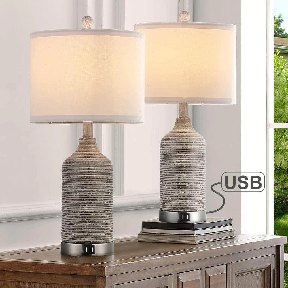 22.7 in. Bronze and Brushed Nickel Table Lamp with Double USB Port and White Linen Shade (Set of 2) by TRUE FINE 3 22.7 in. Bronze and Brushed Nickel Table Lamp with Double USB Port and White Linen Shade (Set of 2) by TRUE FINE