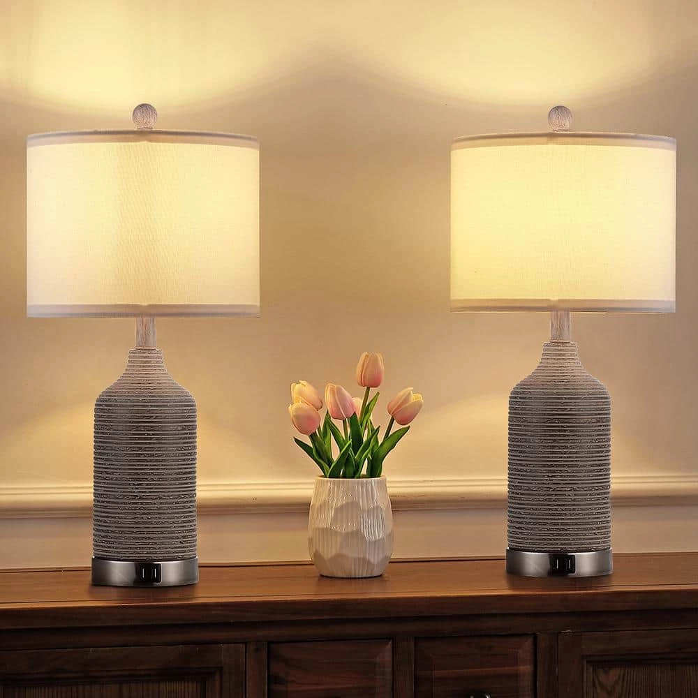 22.7 in. Bronze and Brushed Nickel Table Lamp with Double USB Port and White Linen Shade (Set of 2) by TRUE FINE 4 22.7 in. Bronze and Brushed Nickel Table Lamp with Double USB Port and White Linen Shade (Set of 2) by TRUE FINE - Image 2