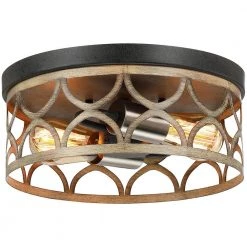 12 in. 2-Light Bronze and Wood Tone Flush Mount Ceiling Light by TRUE FINE