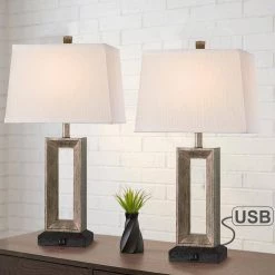 27.4 in. Bronze and Wood Tone Table Lamp with Double USB Port and White Linen Shade (Set of 2) by TRUE FINE -Dale Tiffany Store bronze and wood tone true fine table lamps td30005t 2pk 1d 1000