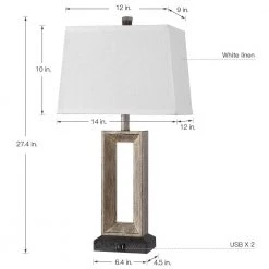 27.4 in. Bronze and Wood Tone Table Lamp with Double USB Port and White Linen Shade (Set of 2) by TRUE FINE -Dale Tiffany Store bronze and wood tone true fine table lamps td30005t 2pk 40 1000