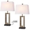 27.4 in. Bronze and Wood Tone Table Lamp with Double USB Port and White Linen Shade (Set of 2) by TRUE FINE -Dale Tiffany Store bronze and wood tone true fine table lamps td30005t 2pk 64 1000