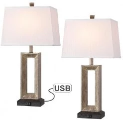 27.4 in. Bronze and Wood Tone Table Lamp with Double USB Port and White Linen Shade (Set of 2) by TRUE FINE
