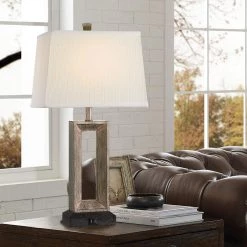 27.4 in. Bronze and Wood Tone Table Lamp with Double USB Port and White Linen Shade (Set of 2) by TRUE FINE -Dale Tiffany Store bronze and wood tone true fine table lamps td30005t 2pk 66 1000