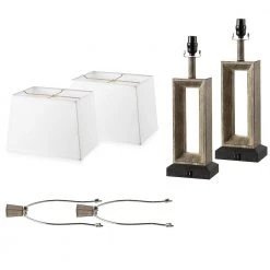 27.4 in. Bronze and Wood Tone Table Lamp with Double USB Port and White Linen Shade (Set of 2) by TRUE FINE -Dale Tiffany Store bronze and wood tone true fine table lamps td30005t 2pk 76 1000